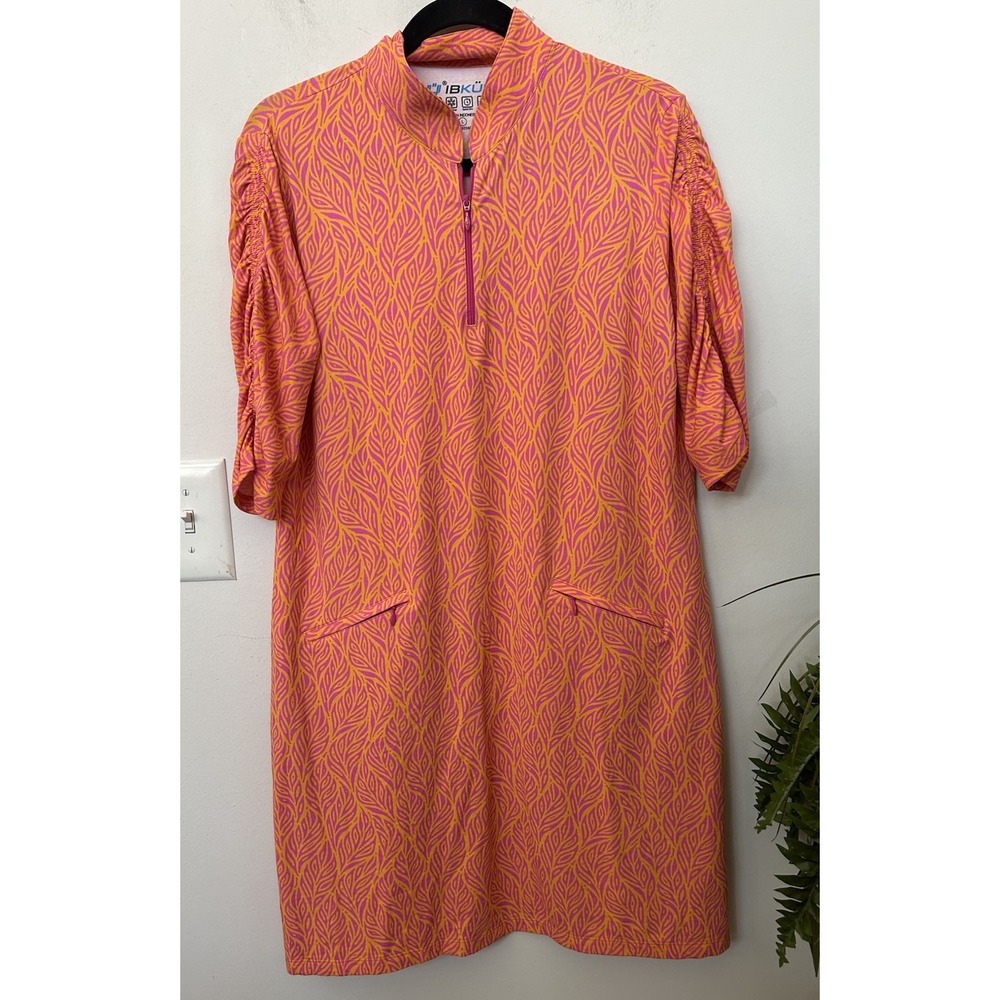 IBKUL Sally Icefil Golf Tennis Dress Pink Orange Leaf‎ Ruched Sleeve Sz L UPF 50